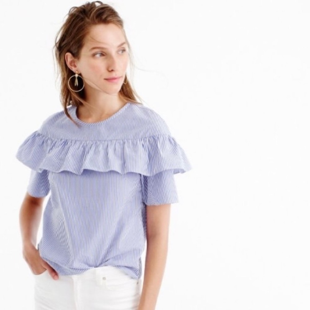 J. Crew Edie Ruffle Cotton Popover In Shirting Stripe Size 4